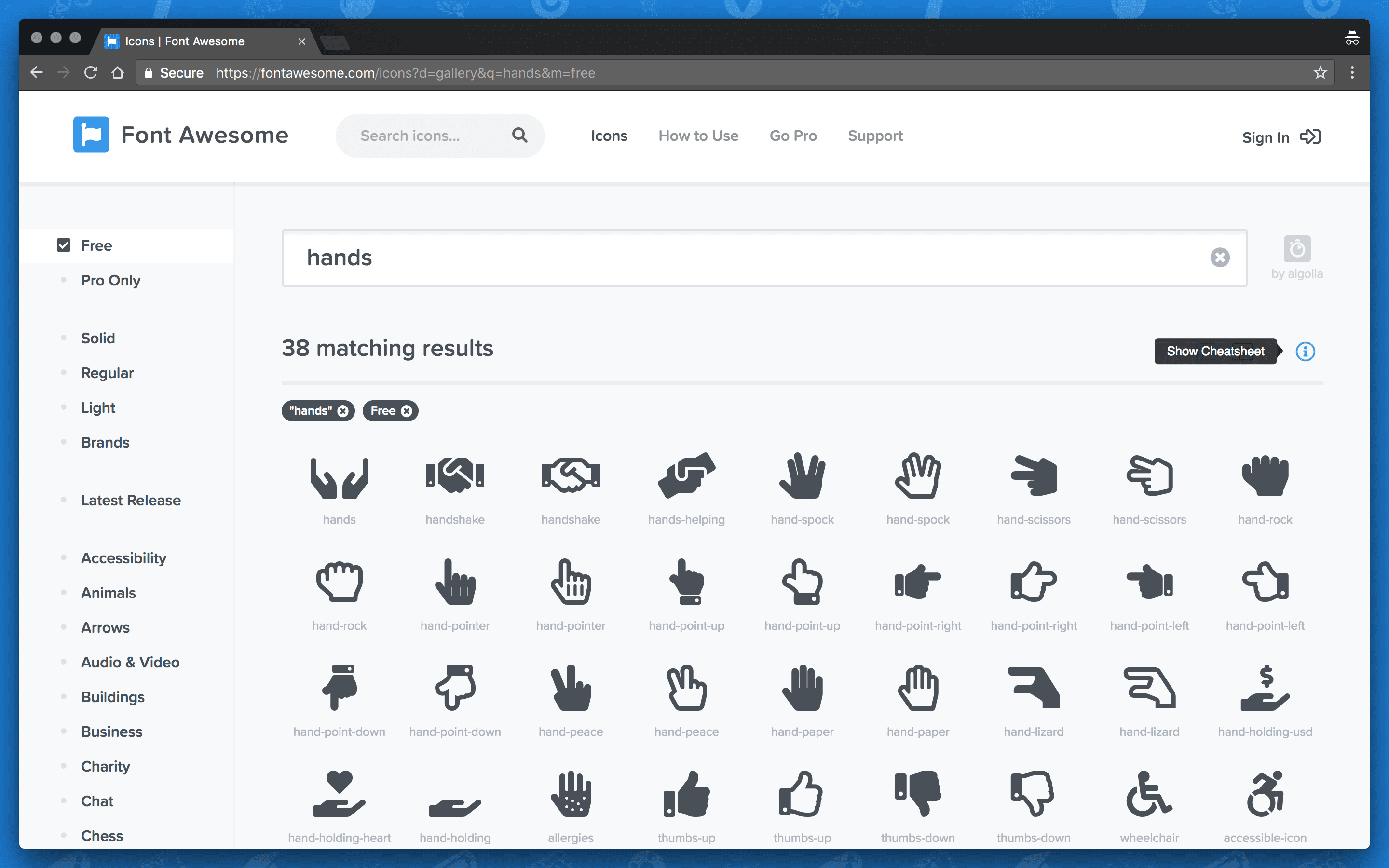 Toggle that 'Show Cheatsheet' button on Font Awesome's icon listing views